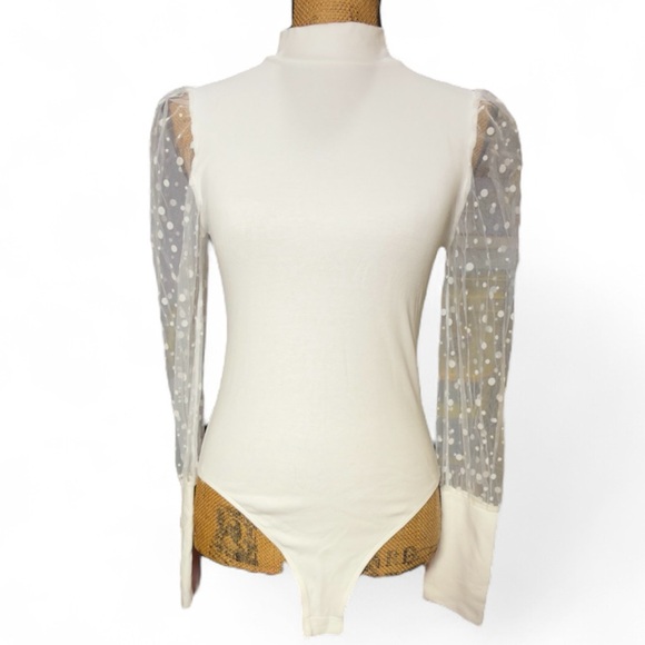 MangoPop body suit winter white sheer sleeve Pre-owned Women’s medium | k - Picture 1 of 4